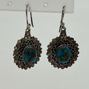 Vintage Sterling Silver 925 Marcasite & Turquoise‎ Howlite Dangle Earrings